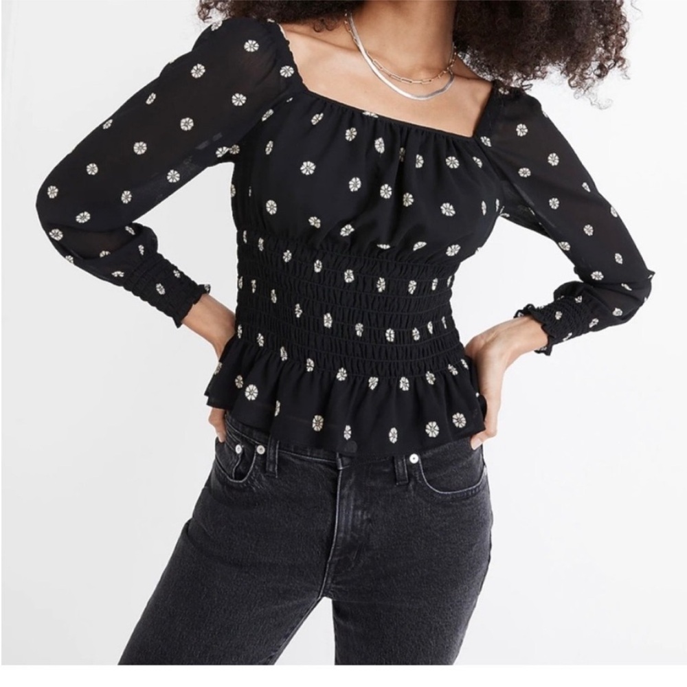 Madewell Black Georgette Floral Smocked Blouse